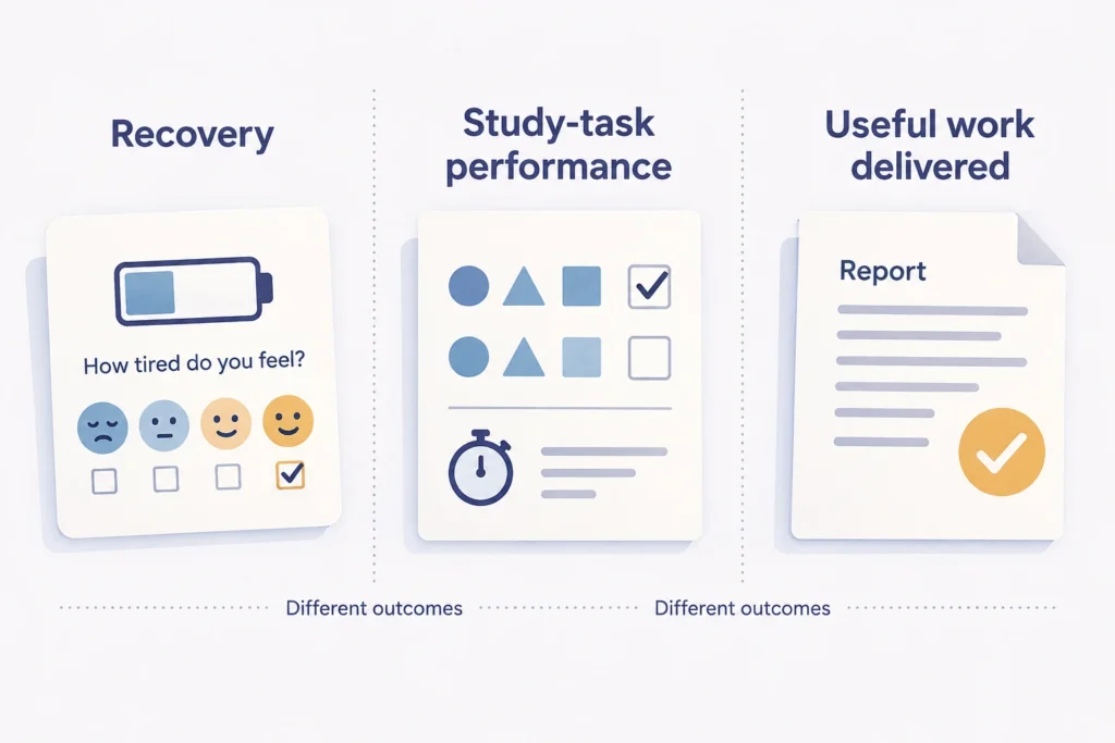 Recovery, study-task performance, and useful work delivered shown as three distinct outcomes.